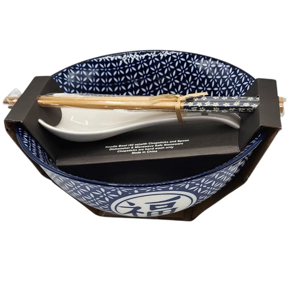 SH Home Blue Fu Floral Ceramic Ramen Noodle Bowl 42oz With 2 Chopstick And Spoon